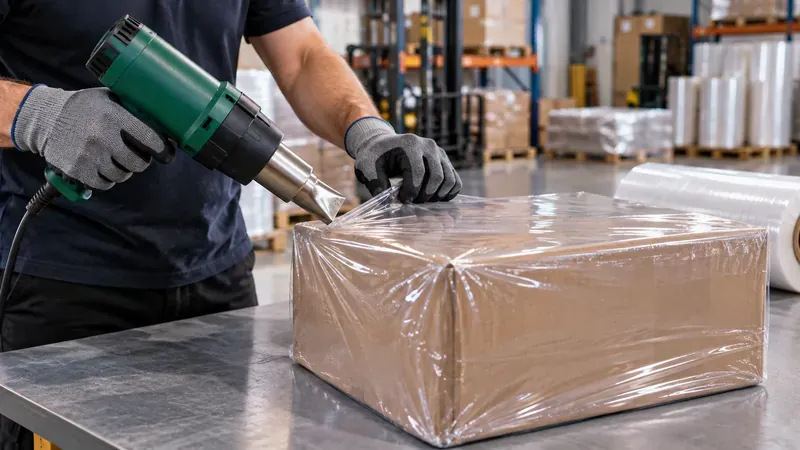 Hot air gun shrink wrapping a package showing one of many uses