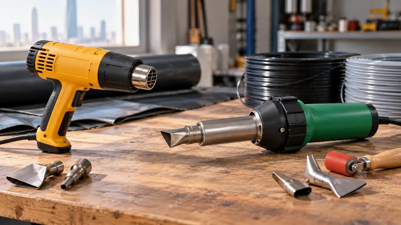 Professional hot air gun next to a basic DIY heat gun on a benc