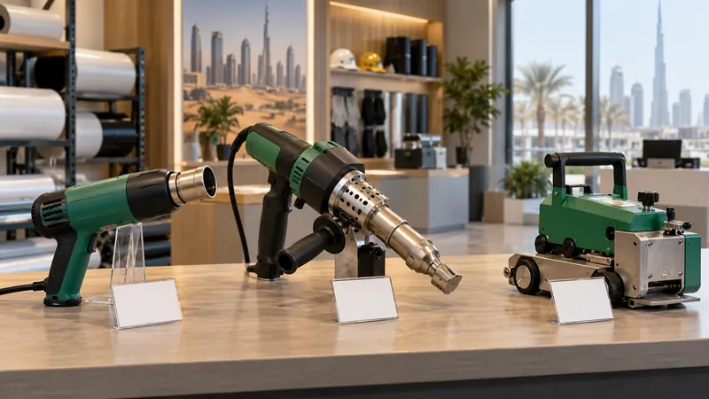 Plastic welding machines with price tags concept in a Dubai equipment store