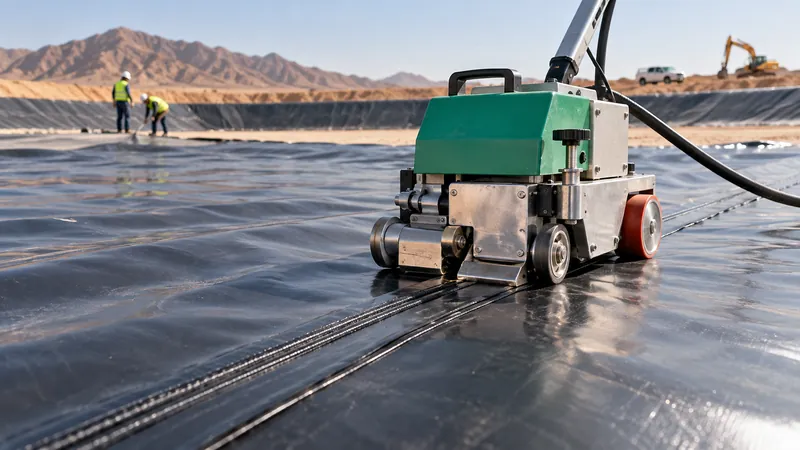 Automatic hot wedge welding machine seaming a black geomembrane liner