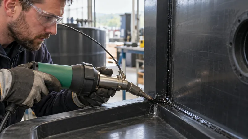 Worker extrusion welding an HDPE plastic tank with a hand extruder